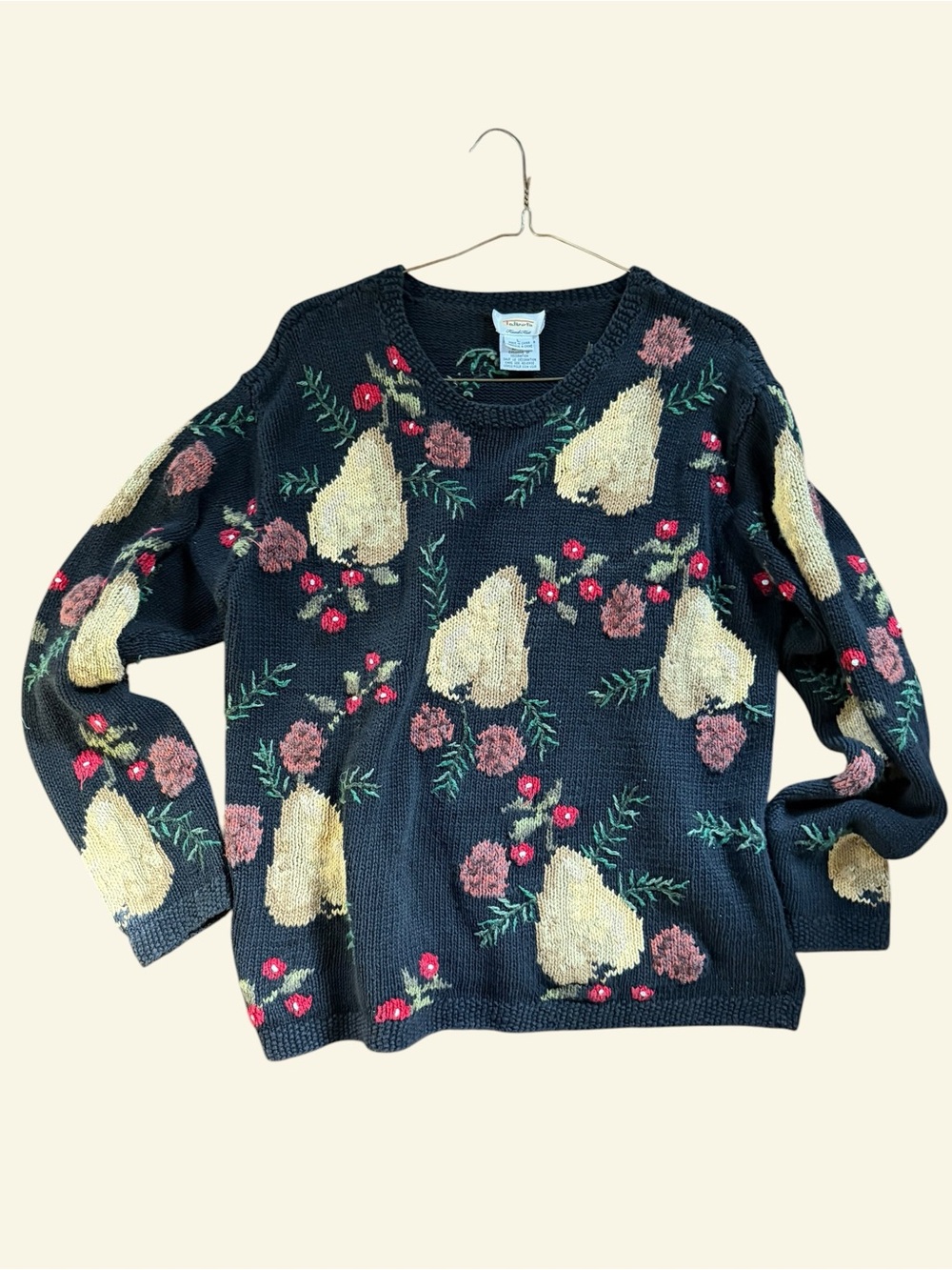 Talbots Black Crewneck Sweater with  Pear & Pink Floral Motif L
